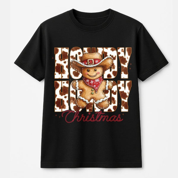 Cow Print Gingerbread Man Shirt, Howdy Christmas T-Shirt, Retro Western Holiday Graphic Tee, Adorable Christmas Tee, Xmas Cow