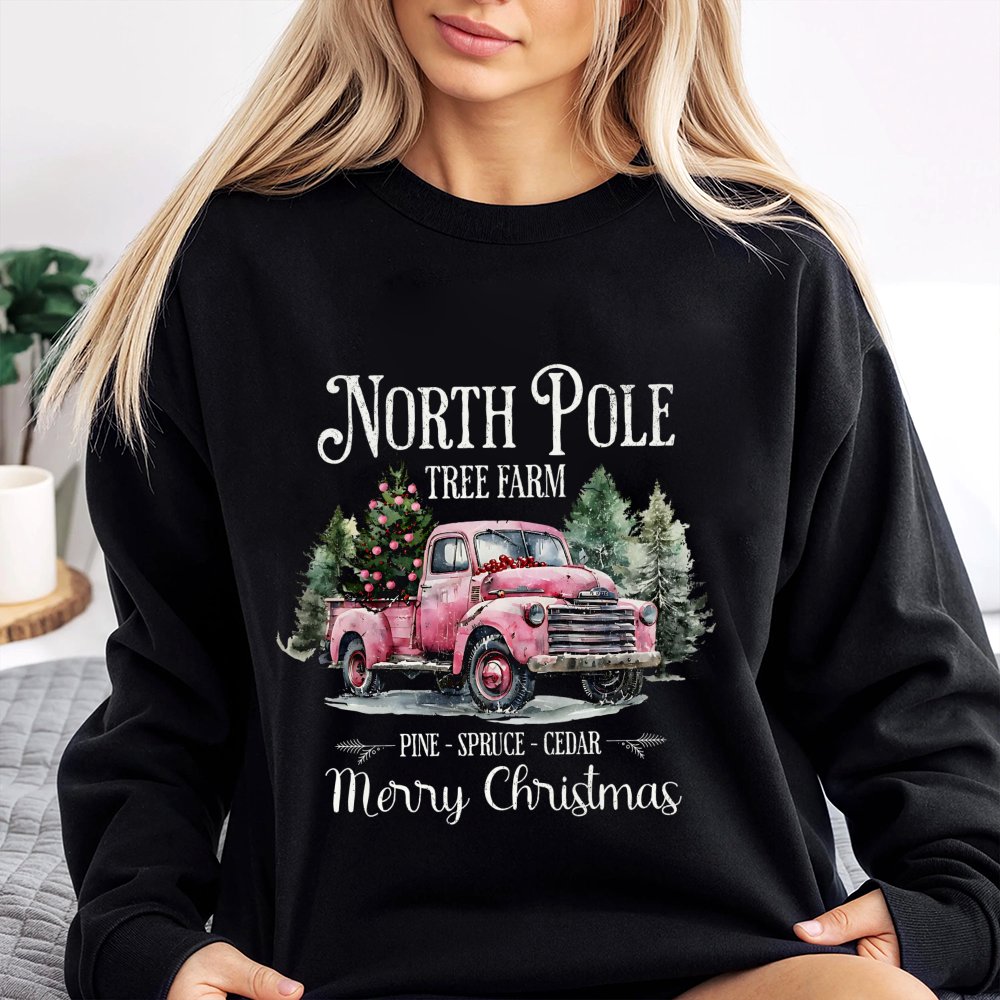 Pink Vintage Truck Christmas Crewneck, North Pole Tree Farm Sweatshirt, Coquette Holiday Tree Sweater, Adorable Winter Xmas P