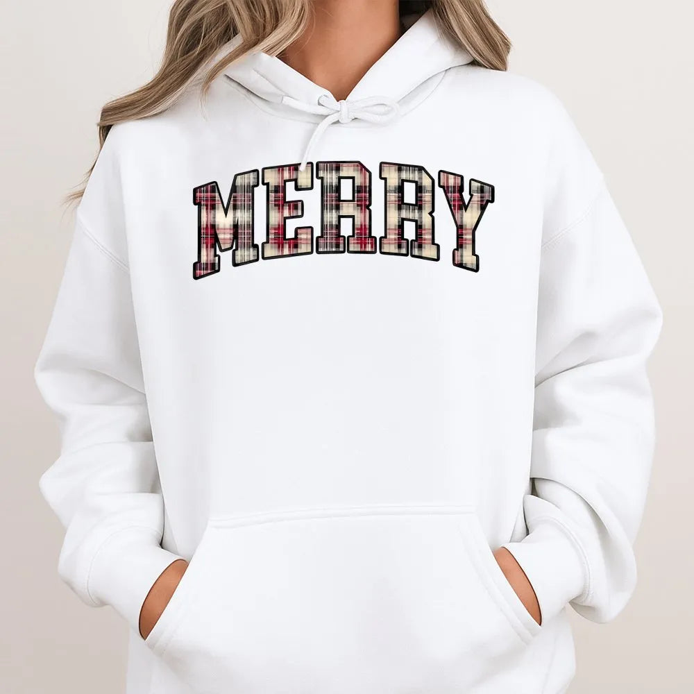 Plaid Varsity Lettering Christmas Hoodie, Merry Christmas Hoodie, Retro Holiday Hoodie, Comfy Winter Graphic Sweatshirt, Pres