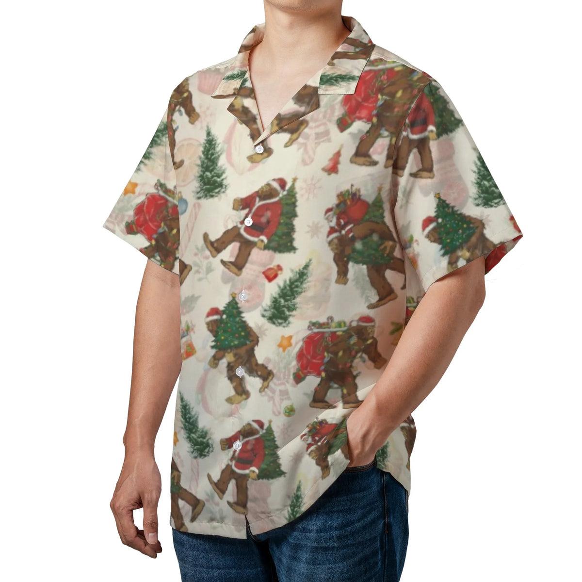 Humorous Sasquatch Aloha Shirt, Bigfoot Santa Christmas Hawaiian Shirt, Ugly Xmas Button Down Shirt, Holiday Vacation Beach S