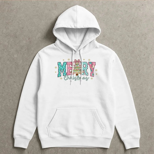 Pink Aesthetic Christmas Tree Sweatshirt, Merry Christmas Coquette Hoodie, Preppy Bow Holiday Pullover, Retro Xmas Hooded Swe