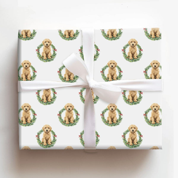 Dog Wreath Holiday Gift Wrap, Goldendoodle Christmas Wrapping Paper, Adorable Puppy Christmas Wrapping Paper, Dog Lover Gift 
