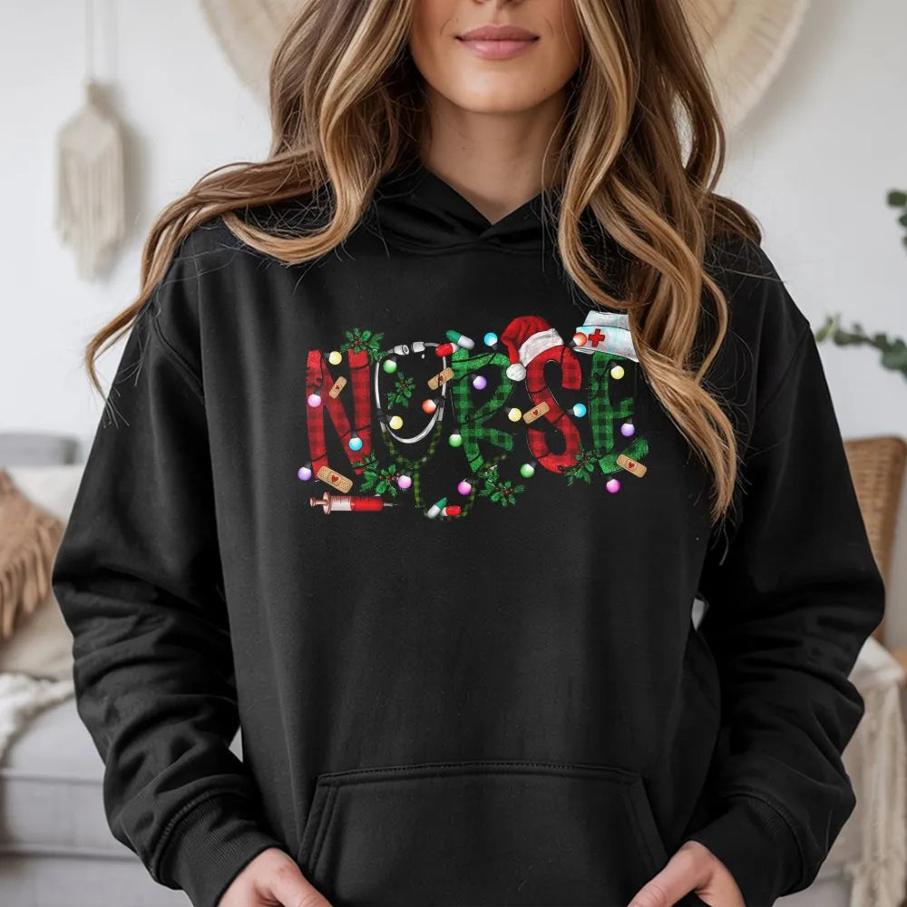 Plaid Festive Medical Hoodie, Christmas Nurse Hoodie, Nursing Student Holiday Hooded Sweatshirt, Adorable Xmas Nurse Hoodie, 