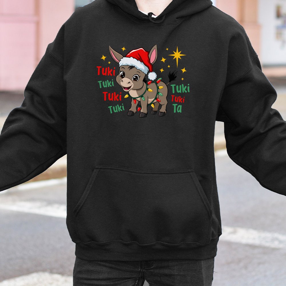 Adorable Santa Hat Burro Hoodie, Christmas Donkey Hoodie, Festive Animal Lover Hoodie, Humorous Holiday Graphic Hooded Sweats