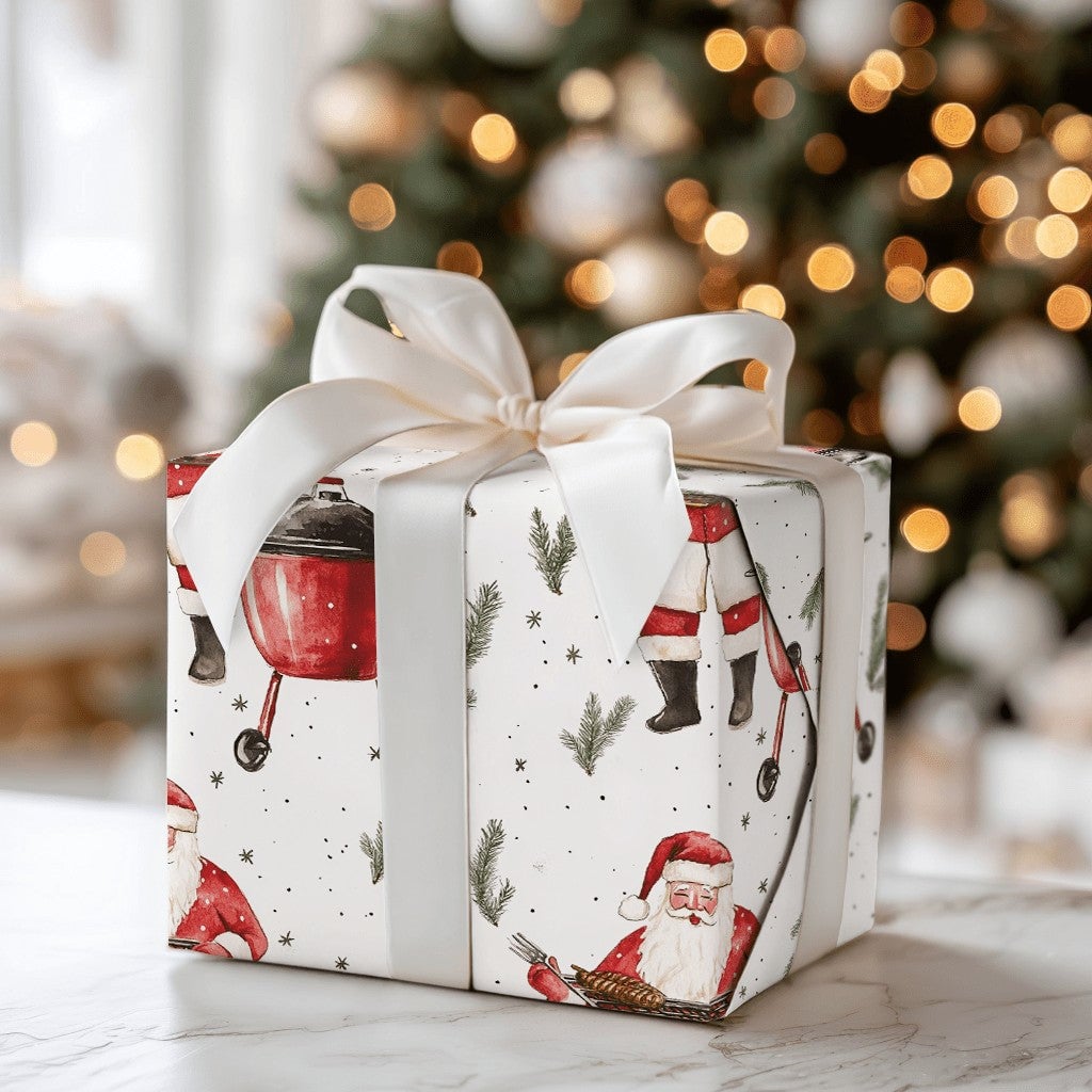 Humorous Grilling Santa Wrapping Paper, BBQ Santa Ribs Wrapping Paper, Red Kettle Grill Christmas Wrapping Paper, Holiday BBQ