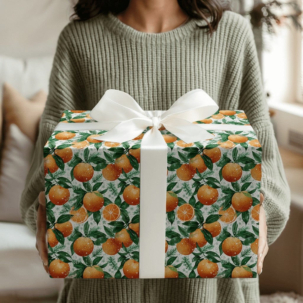 Pine Needle Clementine Gift Wrap, Winter Orange Wrapping Paper, Botanical Citrus Holiday Wrapping Paper, Festive Christmas Wr