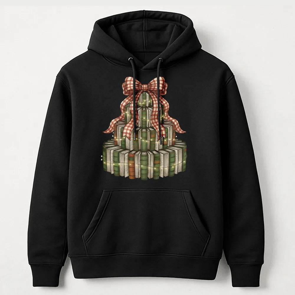 Festive Library Stack Hoodie, Christmas Book Tree Hoodie, Bookish Holiday Graphic Sweatshirt, Reader Teacher Pullover Hoodie 