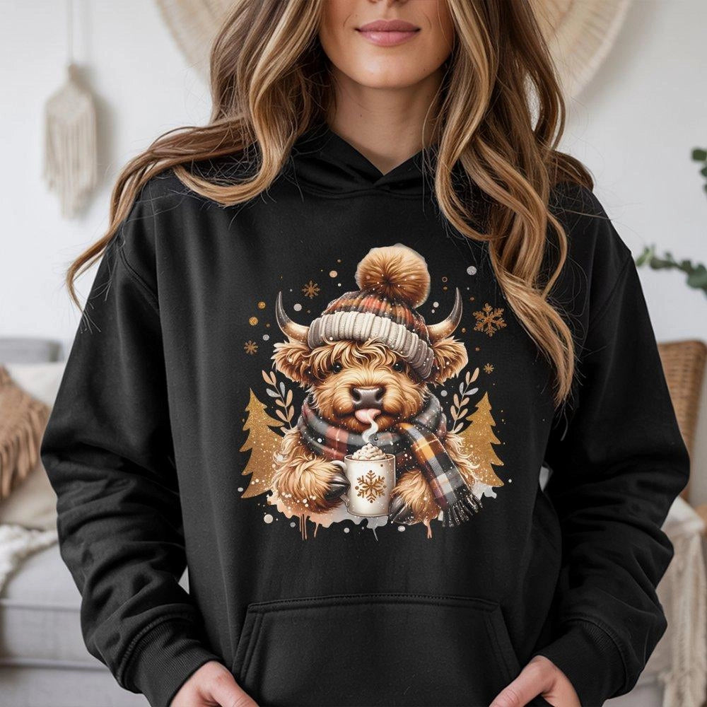 Festive Winter Animal Sweatshirt, Highland Cow Christmas Hoodie, Adorable Holiday Cow Hoodie, Comfy Farmhouse Xmas Pullover, 