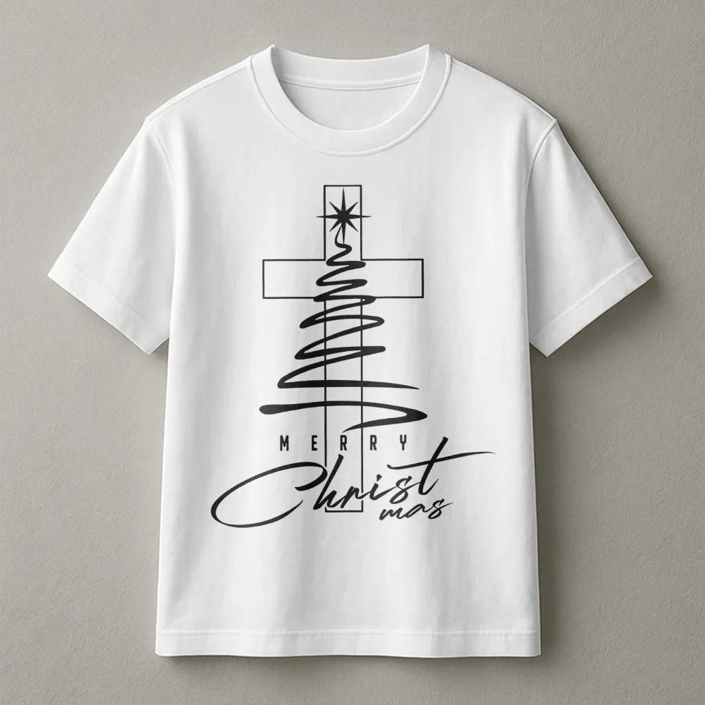 Minimalist Cross Tree Shirt, Religious Christmas T-Shirt, Christian Holiday Graphic Tee, Faith Based Xmas Shirt, Jesus Christ