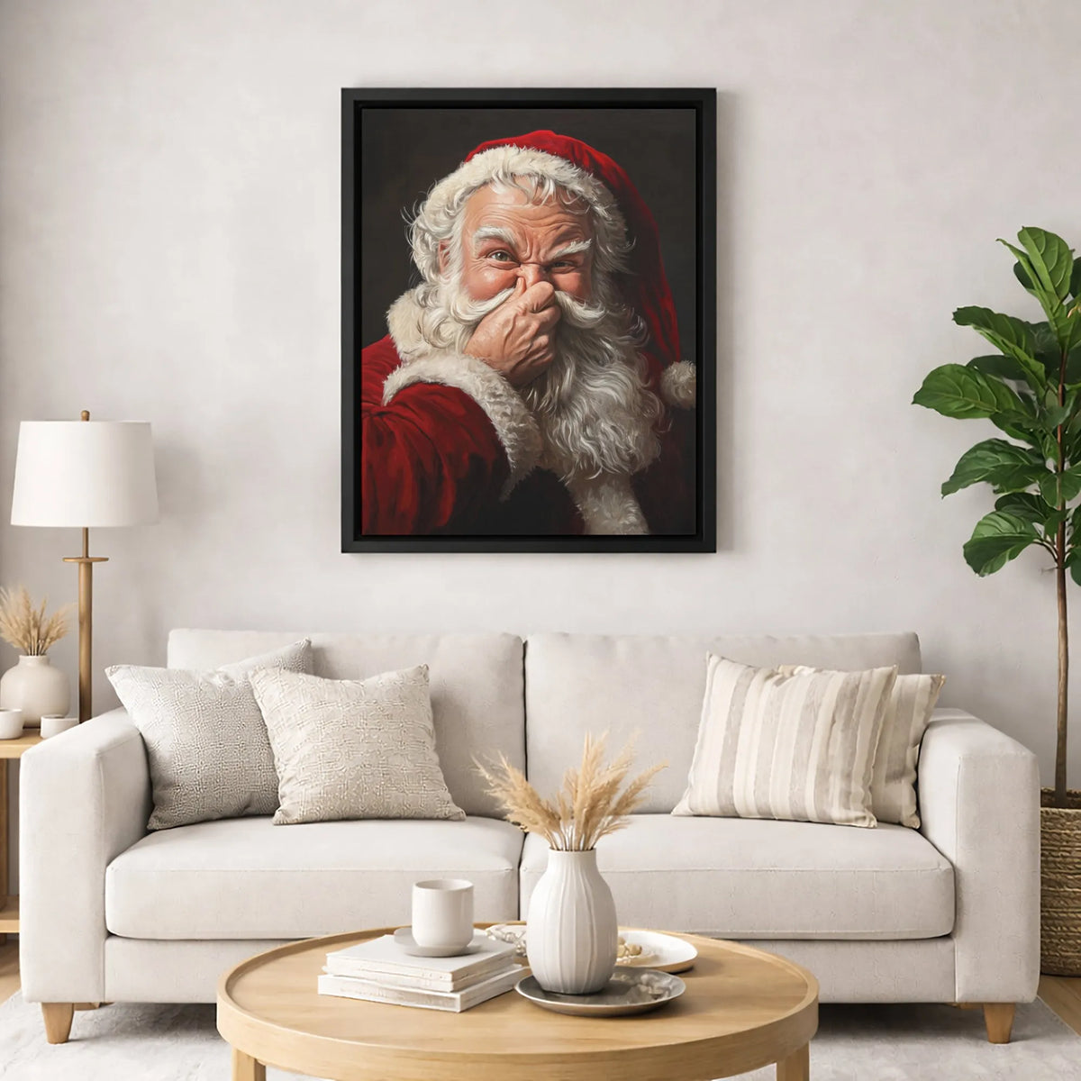 Whimsical Holding Nose Canvas Print, Humorous Santa Claus Canvas Wall Art, Christmas Holiday Portrait Canvas, Xmas Wall Decor