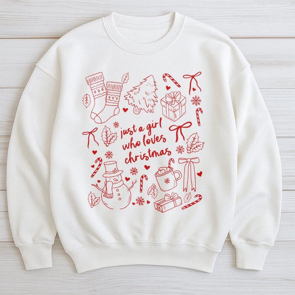 Adorable Holiday Crewneck, Just A Girl Who Loves Christmas Sweatshirt, Festive Winter Sweatshirt, Comfy Christmas Party Pullo