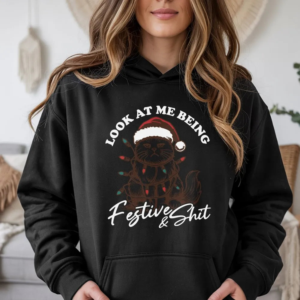 Sarcastic Kitten Holiday Hoodie, Humorous Grumpy Cat Christmas Hoodie, Adorable Cat Lover Xmas Hoodie, Winter Animal Graphic 