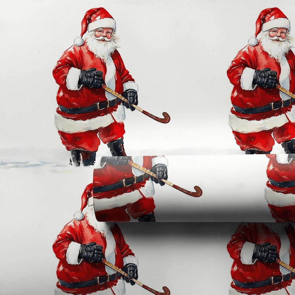 Sports Christmas Gift Wrap, Hockey Santa Wrapping Paper, Humorous Santa Claus Wrapping Paper, Ice Hockey Fan Holiday Gift Wra