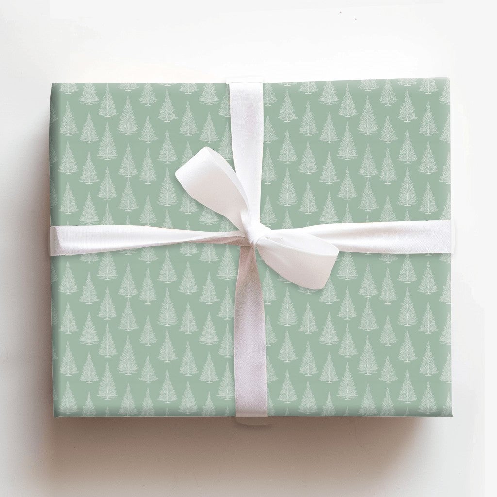 Minimalist White Tree Gift Wrap, Sage Green Christmas Tree Wrapping Paper, Elegant Holiday Wrapping Paper, Winter Season Wrap