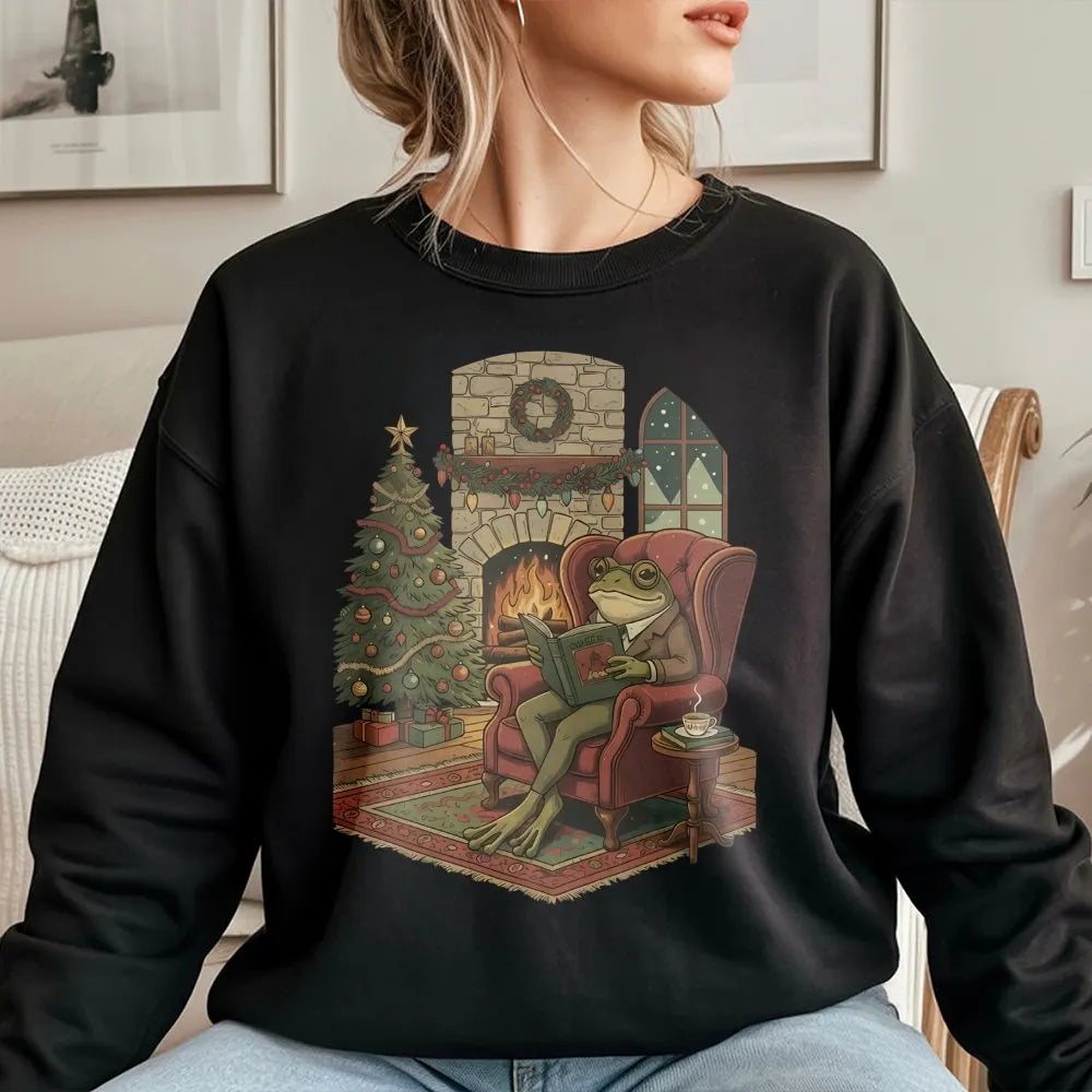 Comfy Cabin Bookish Crewneck, Reading Frog Christmas Sweatshirt, Adorable Frog Book Lover Pullover, Holiday Reader Sweatshirt