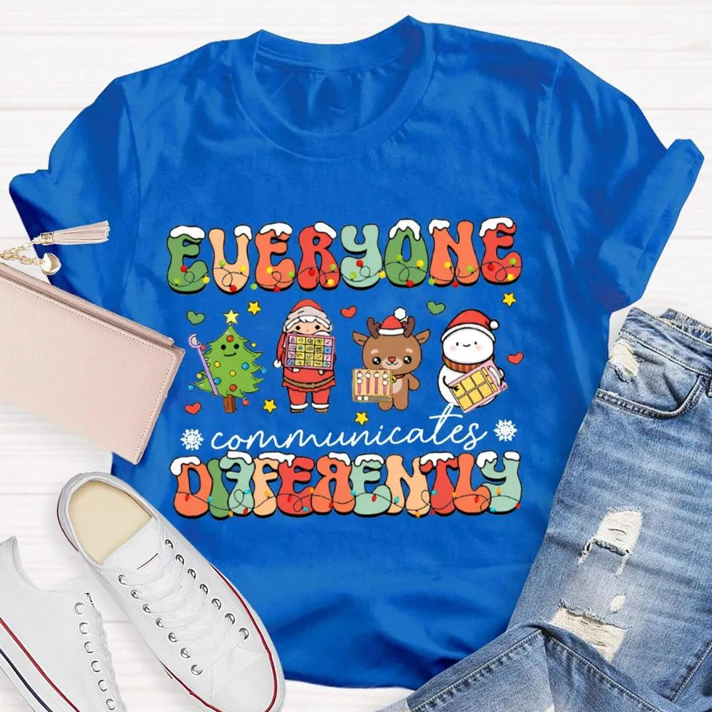 Festive Lights Neurodiversity Tee, Everyone Communicates Differently Christmas Shirt, SPED Teacher Holiday T-Shirt, ASL Xmas 