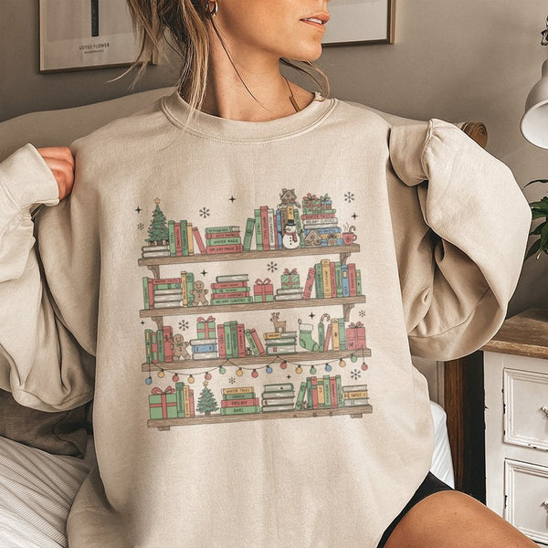 Holiday Library Tree Graphic Sweater, Christmas Bookshelf Sweatshirt, Book Lover Christmas Pullover, Comfy Bookish Reader Xma
