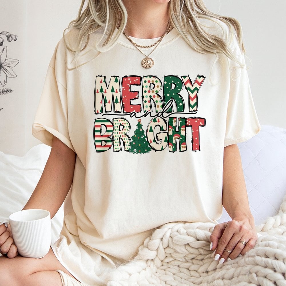 Festive Christmas Tree Typography Tee, Merry and Bright T-Shirt, Holiday Season Graphic Shirt, Xmas Winter Merry Bright T-Shi