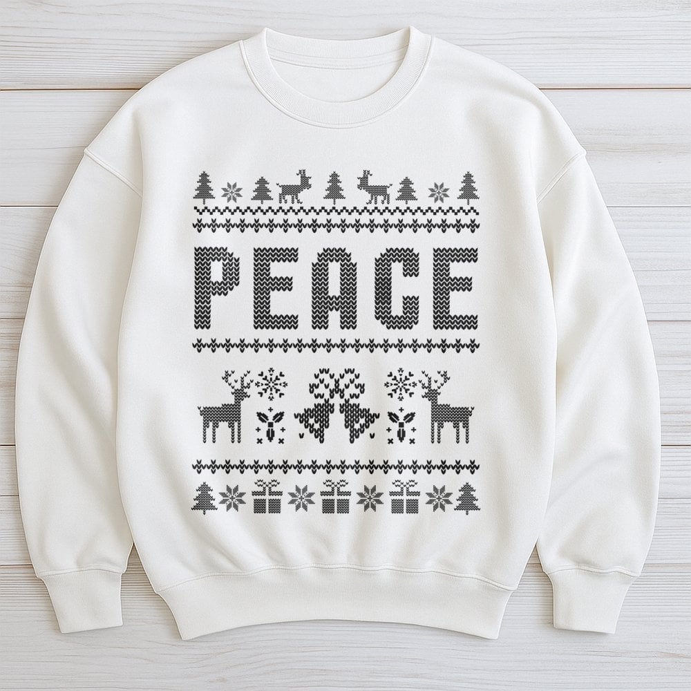 Reindeer Snowflake Pattern Sweater, Peace Ugly Christmas Sweatshirt, Humorous Retro Xmas Party Crewneck, Holiday Fair Isle Pu