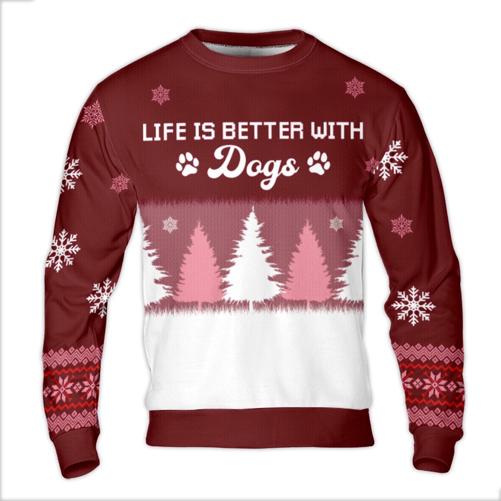 Festive Holiday Paw Print Sweatshirt, Life Is Better with Dogs Ugly Christmas Sweater, Adorable Xmas Tree Dog Lover Pullover,
