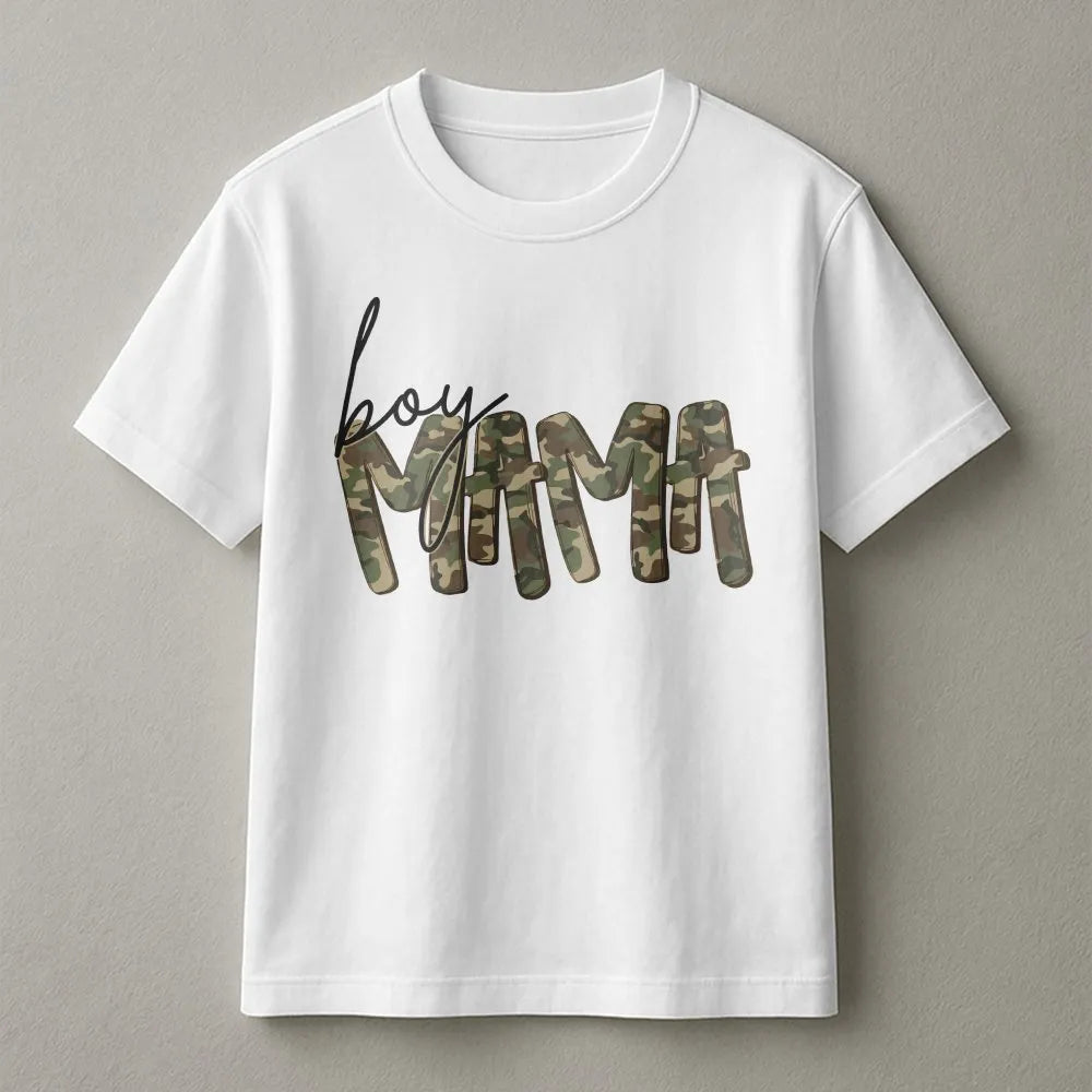 Boy Mama Graphic T-Shirt | Camo Lettering Print Design | 100% Soft Cotton | Trendy Mom Life Gift for Her