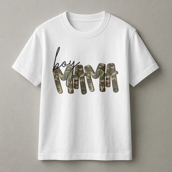 Boy Mama Graphic T-Shirt | Camo Lettering Print Design | 100% Soft Cotton | Trendy Mom Life Gift for Her