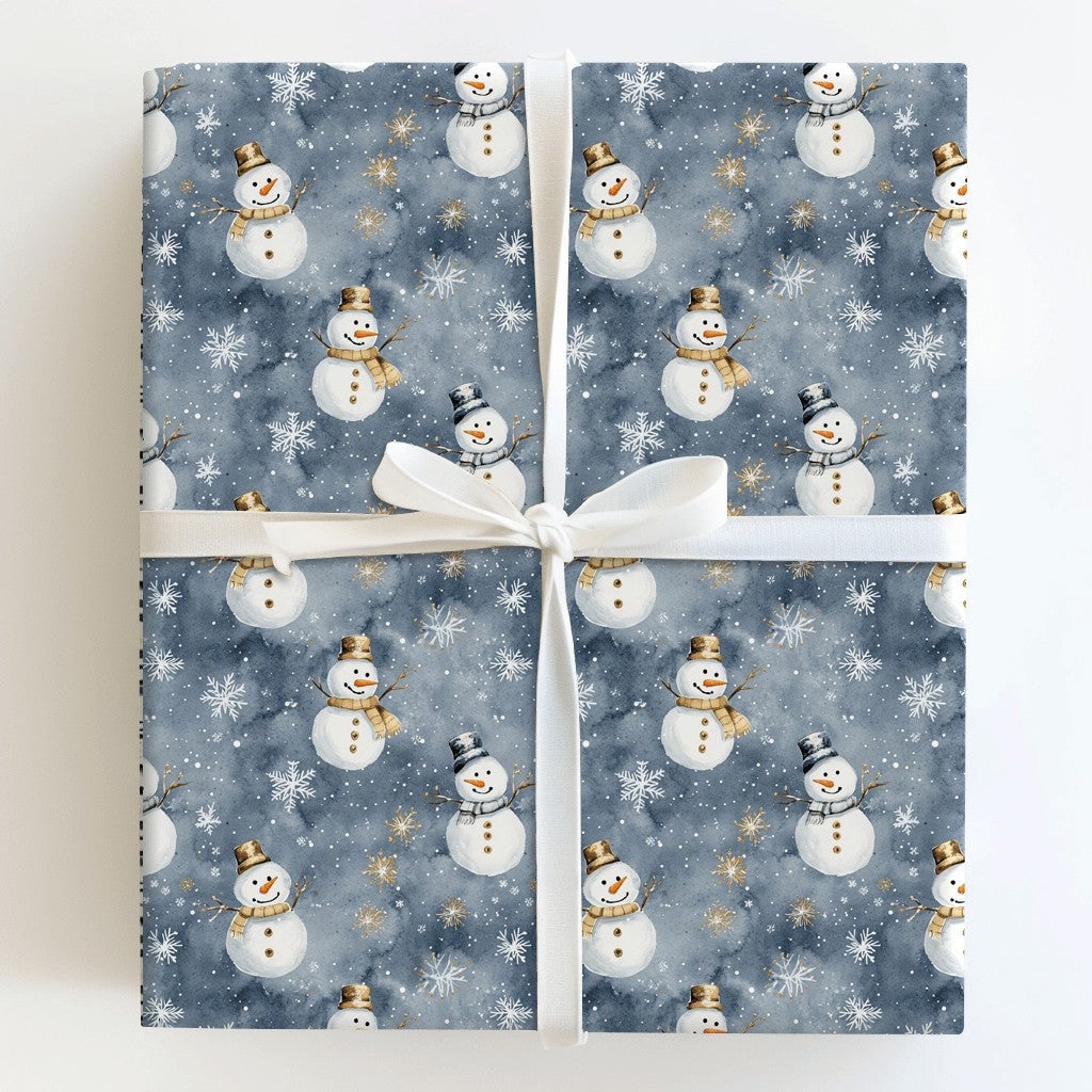 Gold Snowflake Gift Wrap, Watercolor Snowman Wrapping Paper, Dusky Blue Christmas Wrapping Paper, Winter Holiday Gift Wrap, X