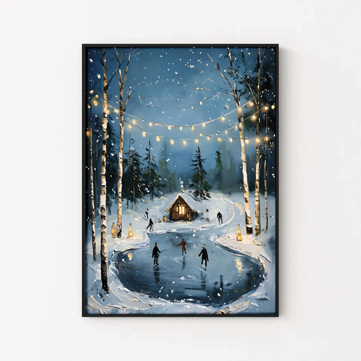 Comfy Forest String Lights Art Print, Winter Ice Skating Cabin Poster, Seasonal Christmas Wall Art Poster, Rustic Holiday Pai