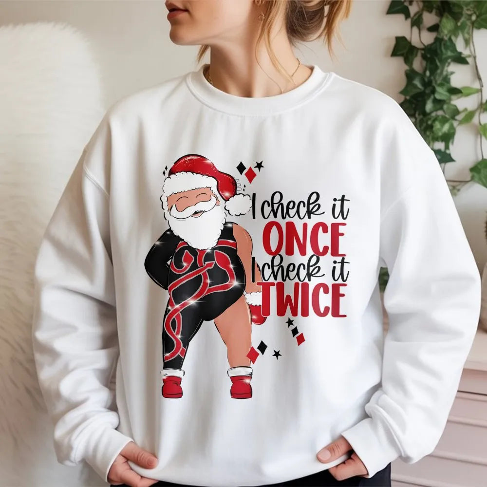 Gymnast Santa Pullover, Humorous Santa Sweatshirt, I Check It Twice Crewneck, Fitness Holiday Sweater, Christmas Gymnast Pres
