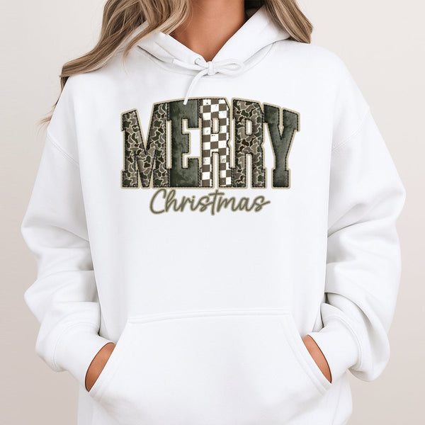 Checkerboard Holiday Sweatshirt, Merry Christmas Camo Hoodie, Camouflage Xmas Hoodie, Winter Graphic Pullover, Christmas Pres