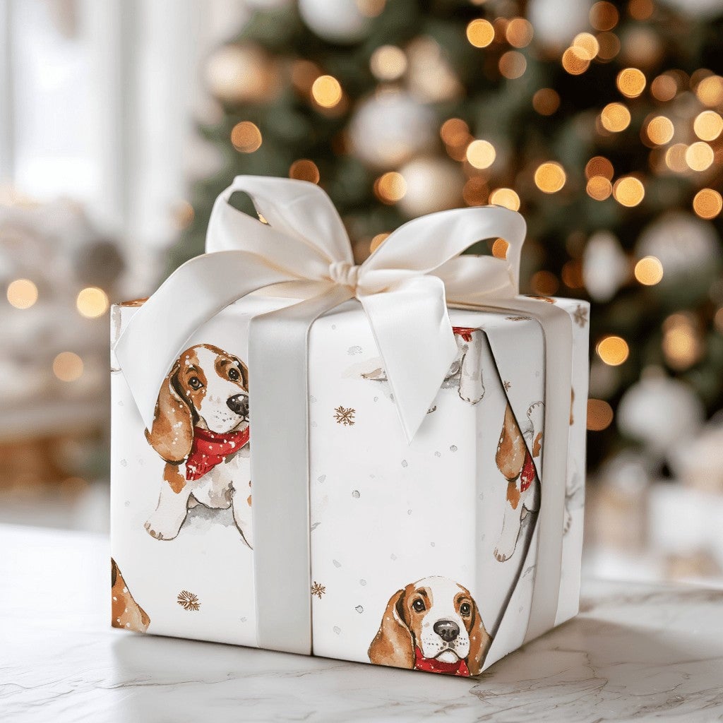 Puppy in Snow Holiday Gift Wrap Roll, Basset Hound Christmas Wrapping Paper, Winter Dog Xmas Wrapping Paper, Dog Lover Holida