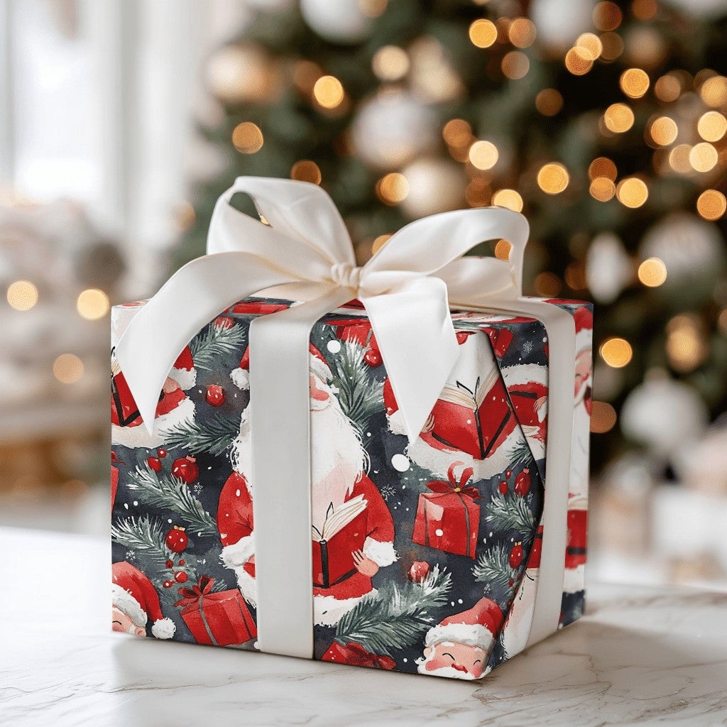Watercolor Caroler Christmas Gift Wrap, Singing Santa Wrapping Paper, Dark Blue Holiday Wrapping Paper, Caroling Gift Wrap Ro