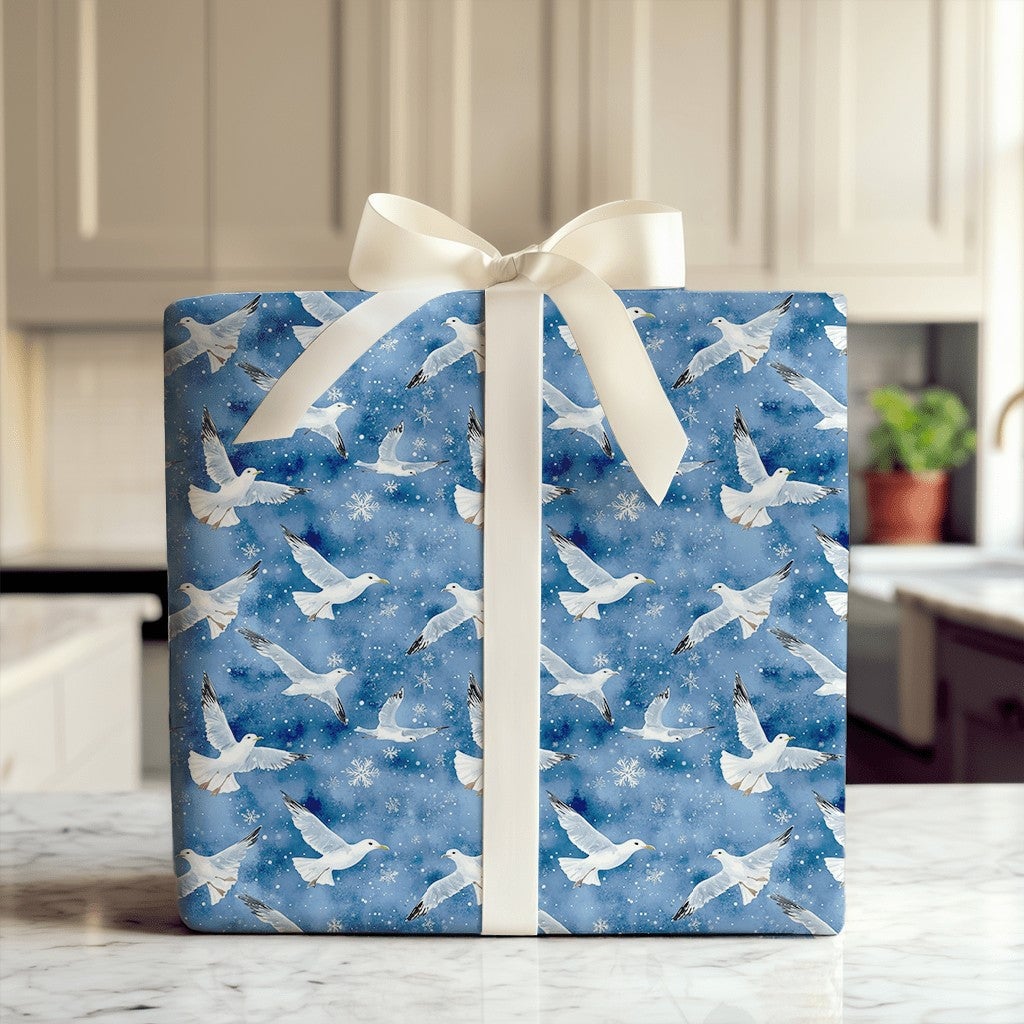 Winter Seagull Snowflake Gift Wrap, Coastal Christmas Wrapping Paper, Watercolor Nautical Wrapping Paper, Beach Holiday Xmas 