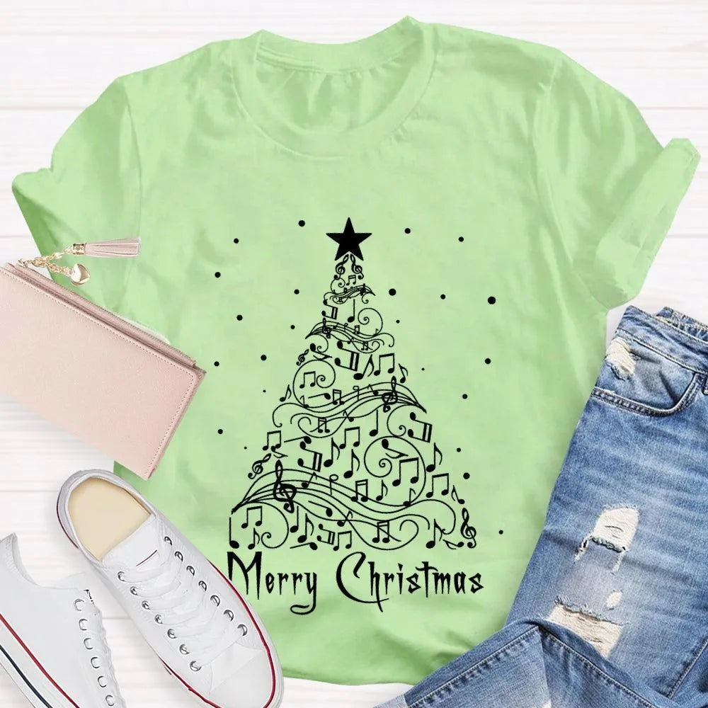 Sheet Music Holiday Tree T-Shirt, Music Teacher Christmas Shirt, Musical Notes Graphic Tee, Choir Director Christmas Present 