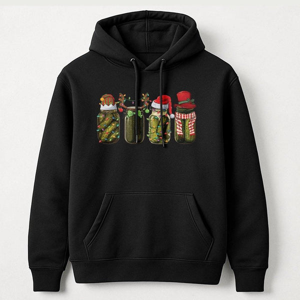 Humorous Holiday Pickle Hoodie, Christmas Pickle Hoodie, Mason Jar Foodie Hooded Sweatshirt, Retro Christmas Pickle Pullover,