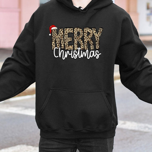 Leopard Santa Hat Sweatshirt, Merry Christmas Hoodie, Adorable Holiday Graphic Hooded Sweater, Comfy Winter Xmas Pullover, Wo