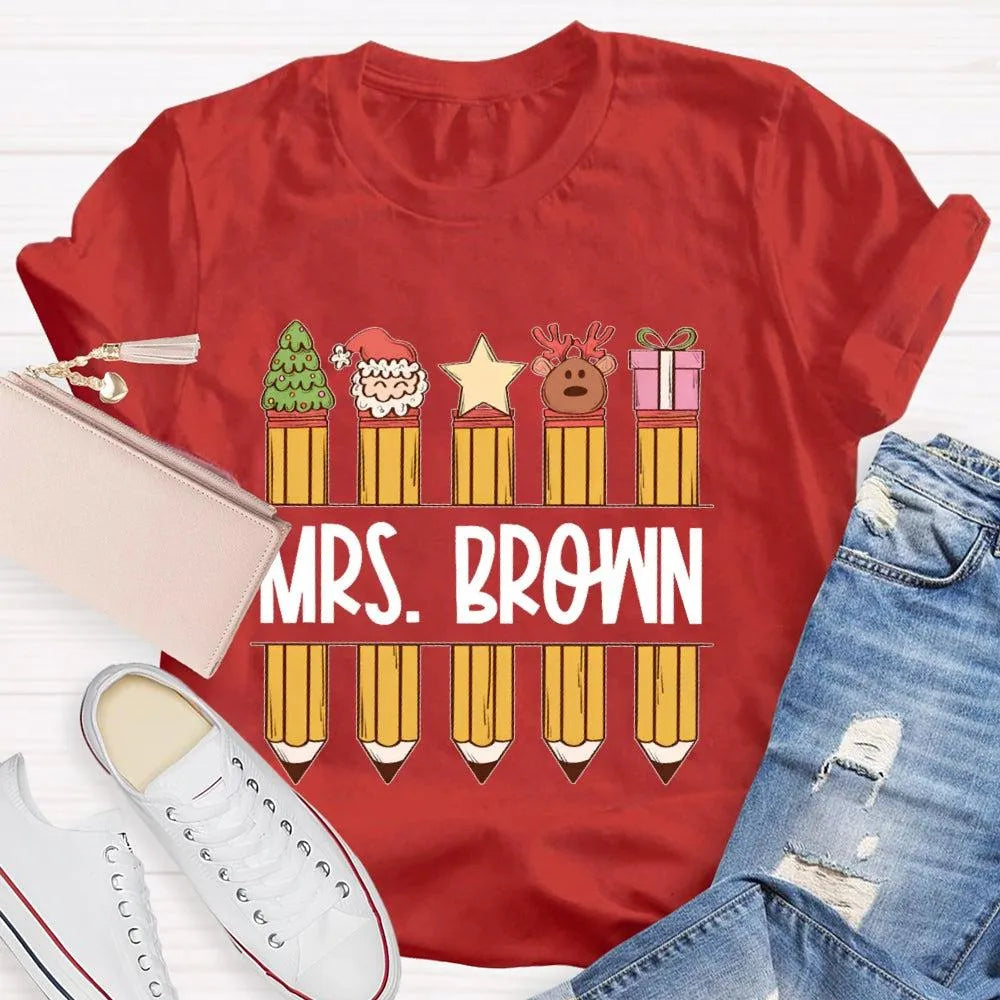 Custom Name Holiday Graphic Tee, Personalized Christmas Pencil Shirt, Adorable Teacher Christmas T-Shirt, Back to School Xmas