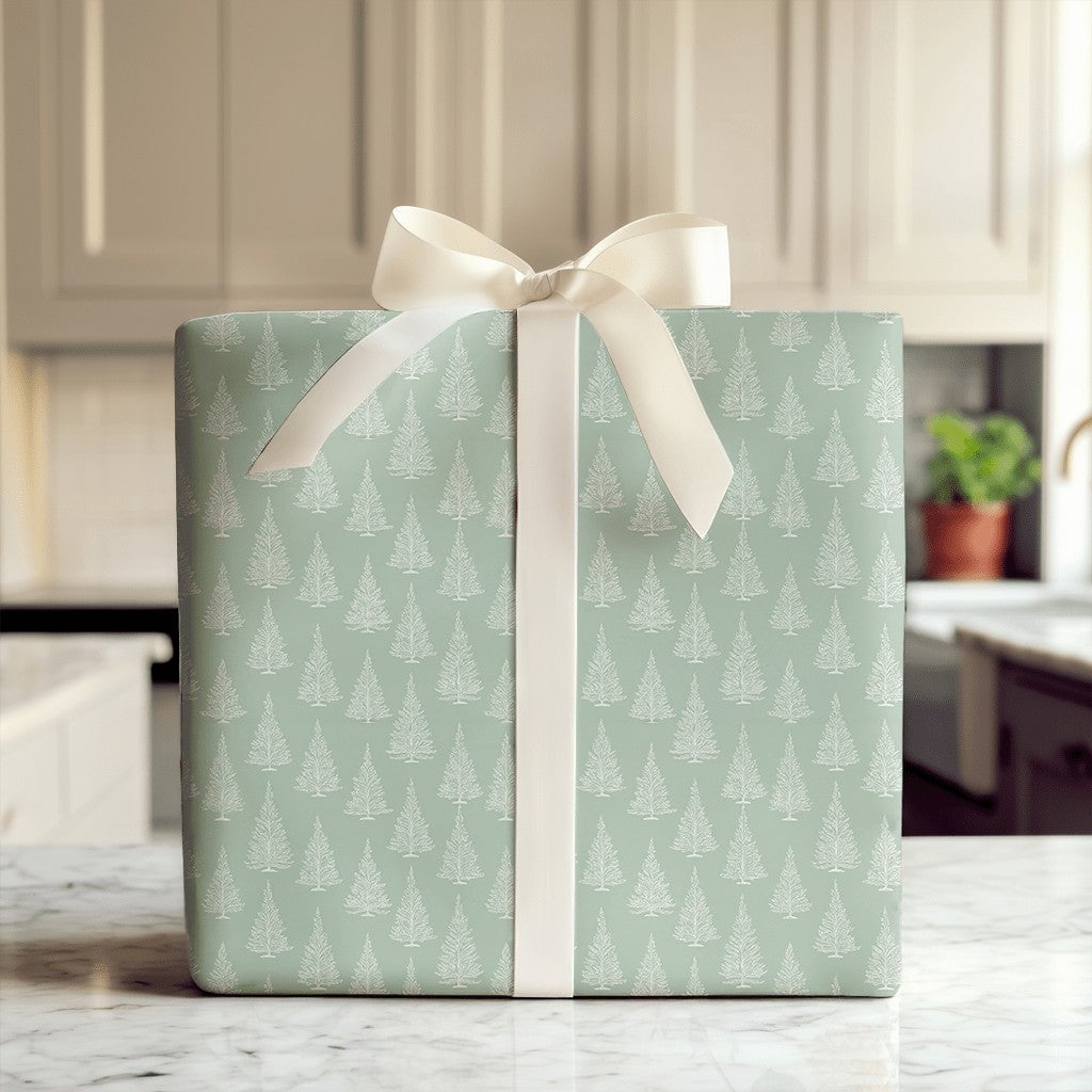 Minimalist White Tree Gift Wrap, Sage Green Christmas Tree Wrapping Paper, Elegant Holiday Wrapping Paper, Winter Season Wrap