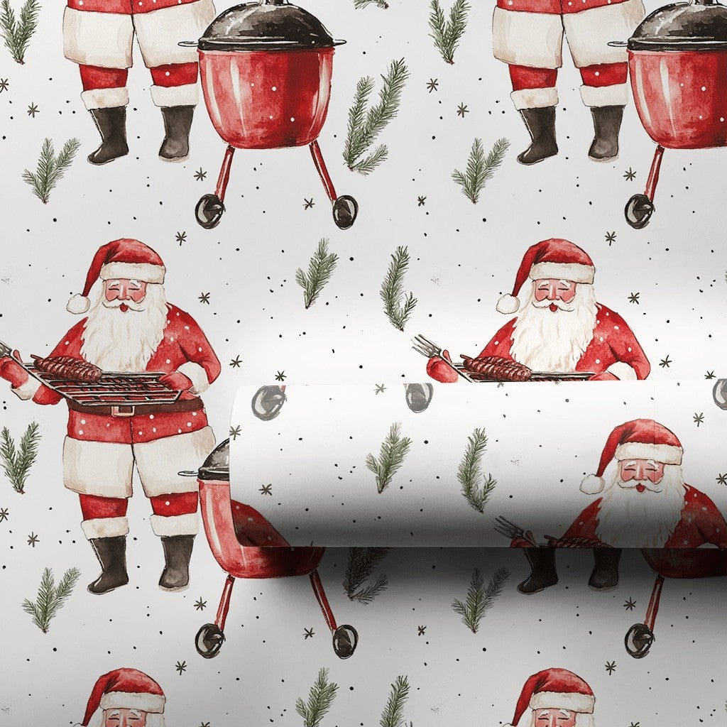 Humorous Grilling Santa Wrapping Paper, BBQ Santa Ribs Wrapping Paper, Red Kettle Grill Christmas Wrapping Paper, Holiday BBQ