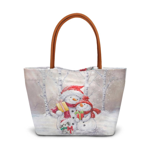 Winter Holiday Season Tote Bag, Watercolor Snowman Christmas Tote Bag, Adorable Xmas Grocery Bag, Festive Travel Shoulder Tot