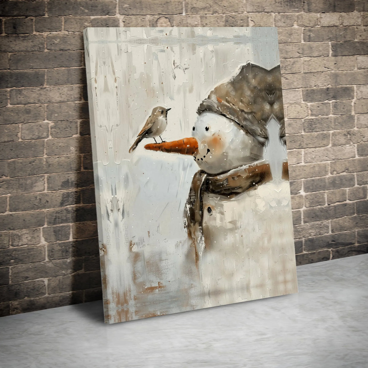 Impressionist Snow Scene Painting, Snowman and Bird Winter Wall Art Canvas Print, Farmhouse Christmas Holiday Poster, Digital