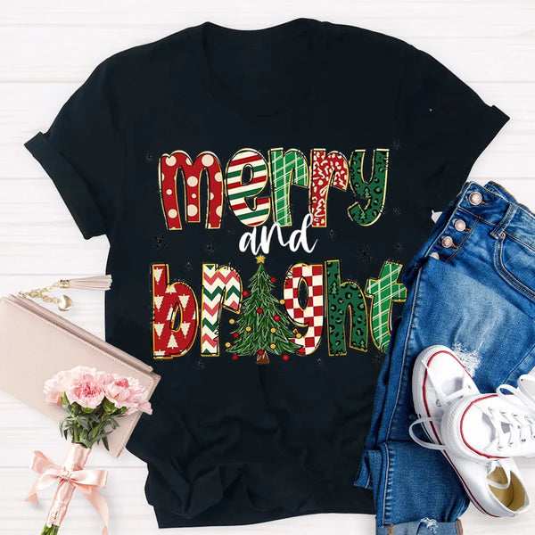 Retro Holiday Graphic Tee, Merry and Bright Christmas Tree Teacher T-Shirt, Festive Teacher Shirt, Xmas Educator Present Top