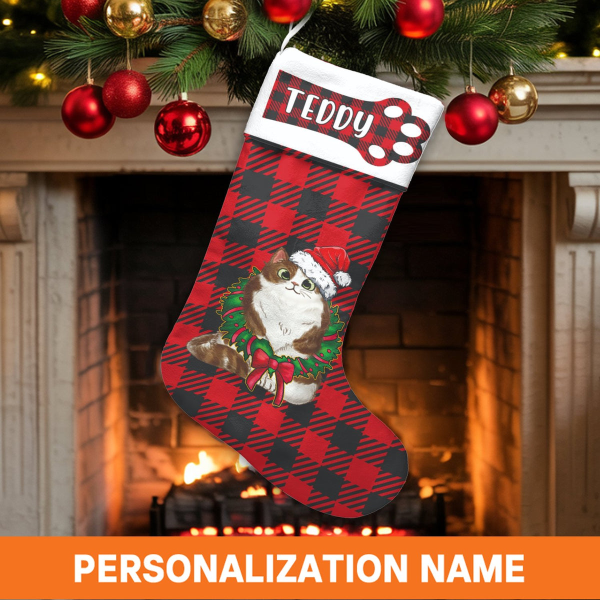 Red Buffalo Plaid Cat Stocking, Personalized Cat Christmas Stocking, Adorable Pet Lover Holiday Stocking, Custom Name Kitten 