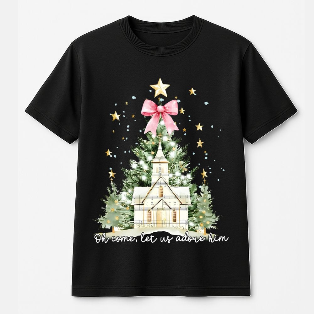 Watercolor Christmas Tree Shirt, Oh Come Let Us Adore Him T-Shirt, Coquette Bow Holiday Tee, Christian Graphic T-Shirt, Xmas 