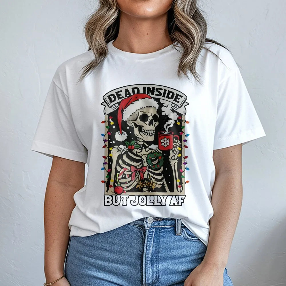 Humorous Skeleton Christmas Shirt, Dead Inside but Jolly AF T-Shirt, Sarcastic Holiday Graphic Tee, Coffee Lover Xmas Tee, Ho
