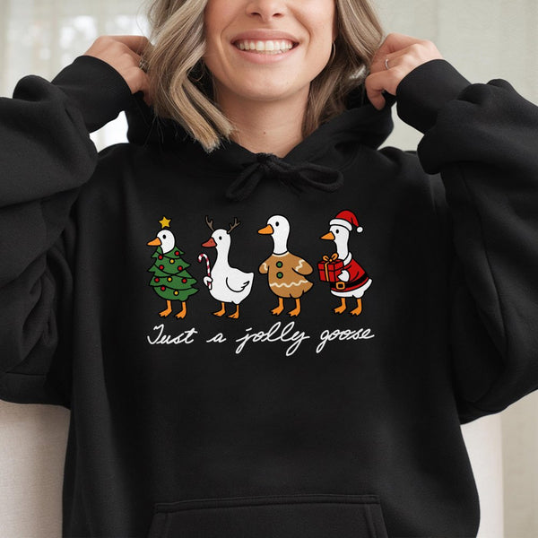 Festive Holiday Duck Graphic Sweatshirt, Jolly Goose Christmas Hoodie, Adorable Xmas Santa Hat Bird Pullover, Merry Christmas