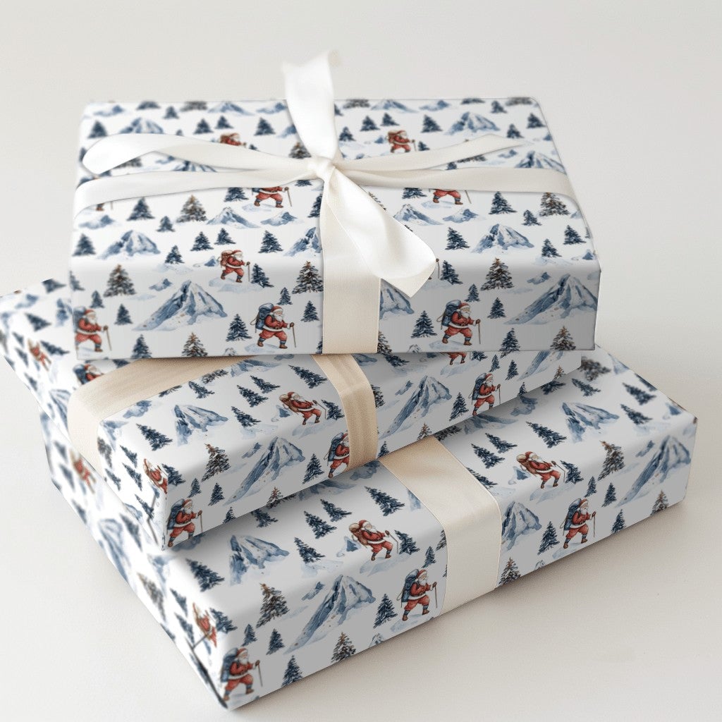 Snowy Mountain Christmas Wrapping Paper, Hiking Santa Wrapping Paper, Outdoors Nature Holiday Gift Wrap
