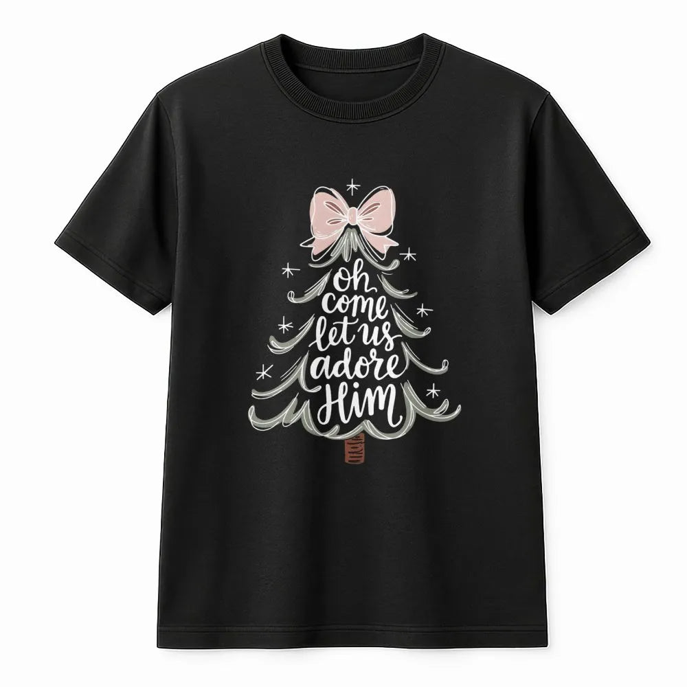 Minimalist Christmas Tree Script Tee, O Come Let Us Adore Him T-Shirt, Christian Holiday Graphic Shirt, Religious Faith Xmas 