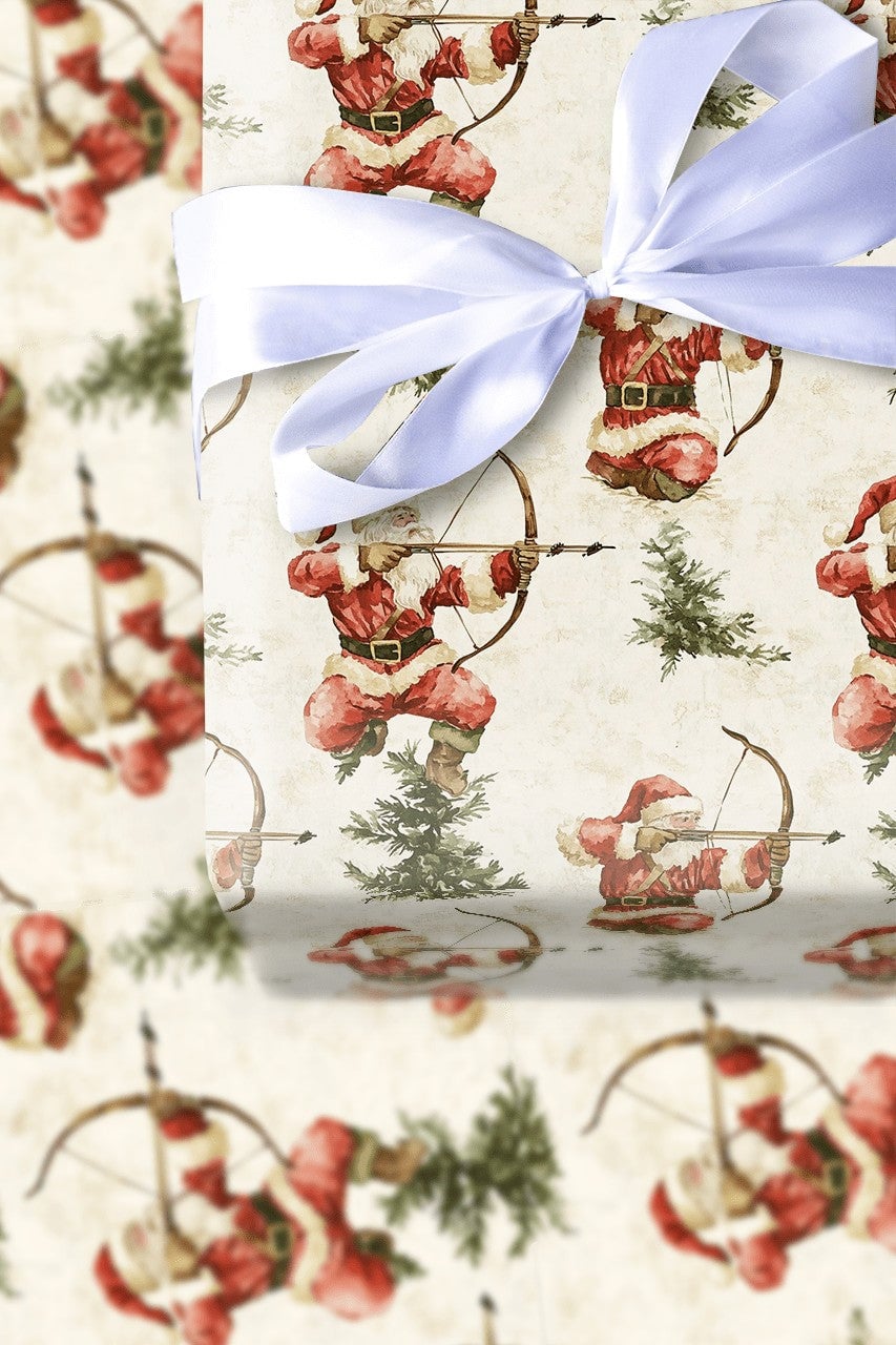 Watercolor Bow and Arrow Santa Gift Wrap, Santa Archer Wrapping Paper, Hunter Santa Christmas Wrapping Paper, Archery Holiday