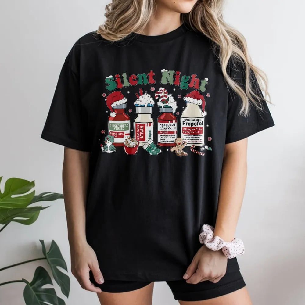 Humorous Medical Scrub T-Shirt, Silent Night Christmas T-Shirt, Nurse Holiday Graphic Tee, ICU RN Healthcare Christmas T-Shir